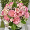 Hydrangeas and Roses Arrangement: FishBowl vase arrangement accented with hydrangeas, greens, and