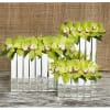 A modern trio of beveled mirrored vases in three sizes, filled with
