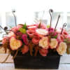 Square planter-large cabbage roses, burgundy hanging amaranthus, monkey tail, and coxcomb
