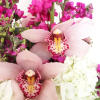 The cutest pink-themed bouquet crammed with red cymbidium, pink lisianthus, Thistle, and