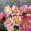A moderately sized arrangement with peonies, eucalyptus, and various roses. 