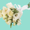 A classic white rose bouquet hand tied with ribbon. The perfect accessory
