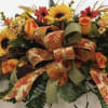 Fall sunflowers leaves accented fall ribbon on metal tombstone saddle , 32&rdquo;
