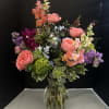 Beautiful  Summer Arrangment  with orange snaps, Peach garden roses 