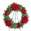 The Serene Sanctuary Wreath features roses, Aralia Fatsia, Aspidistra, Ruscus, and other