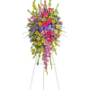 This bright spray of purple, lavender, pink and yellow flowers is a