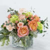 Peach roses , mini green hydrangeas , peach spray roses ,seeded eucalyptus