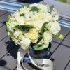 In a vase, white roses and ranunculus create a stunning display. Eucalyptus