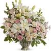 This bouquet features cr&egrave;me roses, white asiatic lilies, light pink alstroemeria, pink