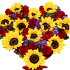 sunflowers ,purple stoc, red roses greenery 