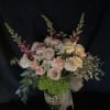 Fluffy 12 dozen ivory/pink roses, peach colored carnations, green hydrangeas, pink snap