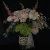 Fluffy 12 dozen ivory/pink roses, peach colored carnations, green hydrangeas, pink snap