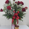 Dozen Roses with Babies Breath, Carmel Chocolate Bar and Root Candle