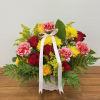 This arrangement has a classic beauty of red and yellow roses with