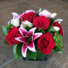 6 red roses with lily, hydrangea and lisianthus in clear cube