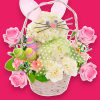This Easter Bunny arrangement with colorful decorative eggs. Easter Bunny is wearing