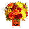 Happy Yellow-een! Yellow chrysanthemums are accented with bright orange roses -all finished
