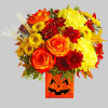 Happy Yellow-een! Yellow chrysanthemums are accented with bright orange roses -all finished