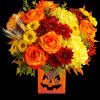 Happy Yellow-een! Yellow chrysanthemums are accented with bright orange roses -all finished