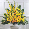 All yellow sympathy basket made of Lilies, Roses and Glads.