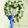 White and blue Hollow Heart made with Carnations, Roses, Mums, Carnations and