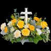 Encircling a beautiful crystal cross keepsake, this sunny bouquet of roses and