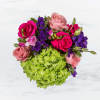 This arrangement includes hot pink roses, pink roses, green hydrangea, freesia, lisianthus