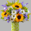 Bright yellow sunflowers, blue iris, white daisies, combined with yellow solidago, green