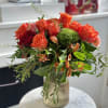 Roses &amp;astomeria, eucalyptus beautiful display in a gold vase