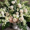 This Elegant Sympathy arrangement is designed with White roses, Snap Dragons and