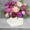 Springtime beauty at its best! Creamy roses and deep purple blooms in