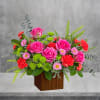 Heat things up with happy, hot pink roses and fresh green mums!