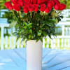Classic arrangement of red roses in white tall vases is perfect for
