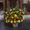 The everlasting beauty of a traditional flower basket is evoked with this