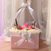 This lovely handbag includes Pink roses, white spray roses and pink and