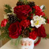 This adorable Christmas arrangement includes Roses, Mini Carnations, Alstroemeria, Hypericum Berries, and