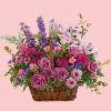 This lush lavender rose arrangement is a basket of beauty to brighten