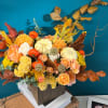 Stunning wood box full of Pumpkins, Spray Roses, and other mixed flowers