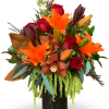 Celebrate autumn&rsquo;s elegance with vibrant orange lilies, brown cymbidium orchids, red roses