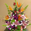Bird of paradise, red roses, purple orchids. 