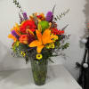 Glass Vase with Large Assortment of Lilies, Gerbera Daisies, Mums, Roses and