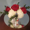 white mums, crimson red roses and silver bells in an adorable&nbsp; white