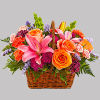 Like an island sunrise, this basket of orange and pink blooms is