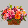 Like an island sunrise, this basket of orange and pink blooms is