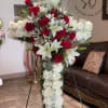 36&rdquo; Standing Funeral Cross, white roses, lilies and red roses. 
