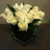 White Roses in a cube glass vase.