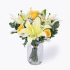 Flowers that symbolize hope and harmony, arrangement of lilies, yellow roses.