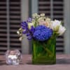 A mix of fragrant blue hyacinths and hydrangeas with tulips. Arranged in