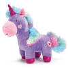 Plush lavender unicorn with rainbow mane and tail, pink muzzle and hearts