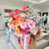 Huge flower box with gorgeous flowers.
David Austin roses, hydrangeas, orchids, delphiniums, anthuriums